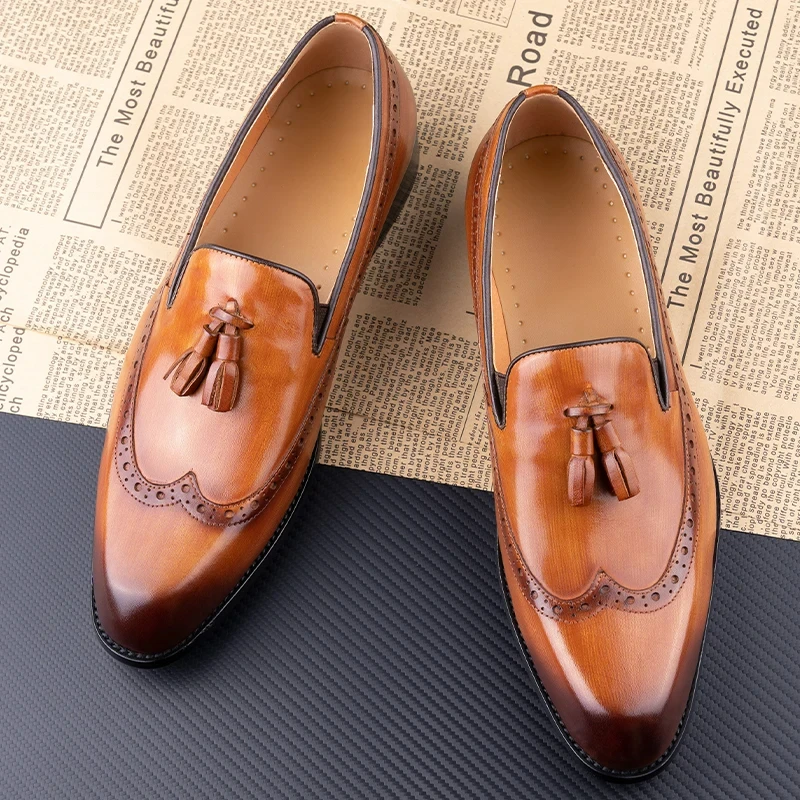 New Style Business Men Loafers Shoes Genuine Cowhide Handmade Sewing Casual Formal Wedding Party Slip on Pointed Dress Shoes Man