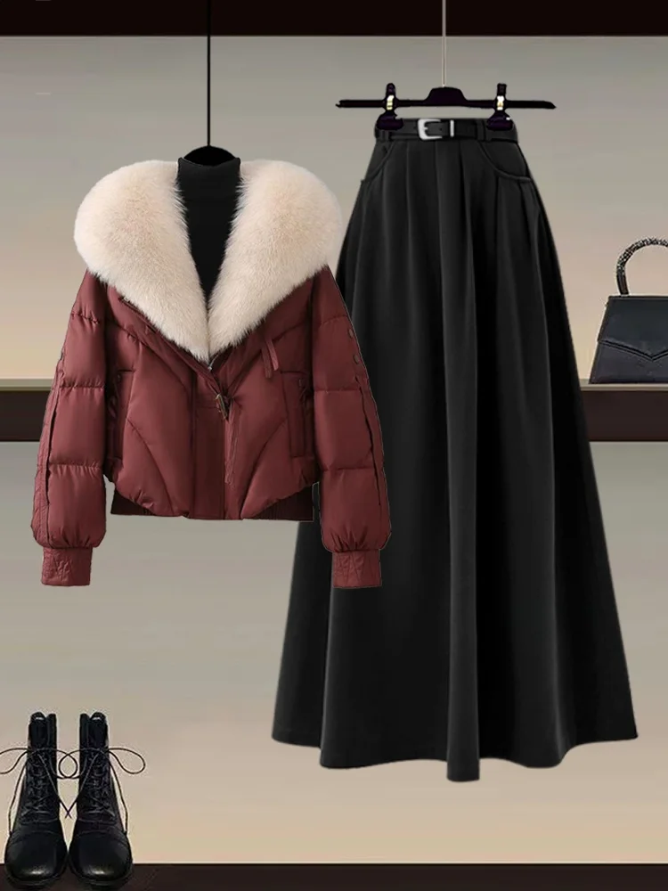

Зимний теплый женский хлопковый костюм: пальто, юбка с высокой талией, свободный крой, модный комплект из трех предметов с большим меховым воротником