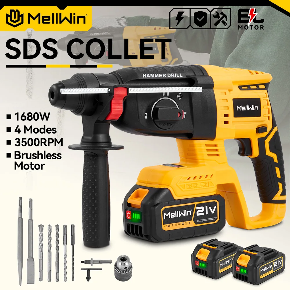 MELLWIN 26MM Brushless Electric Hammer 1680W Cordless Rotary Impact Drill Hammer Woodworking Power Tools For Makita 18V Battery