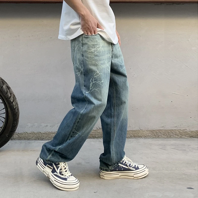 Fashion Brand Washed Burnt Flower Printed Hip Hop Jeans Men's Loose Straight West Coast High Street Wide-Leg Pants