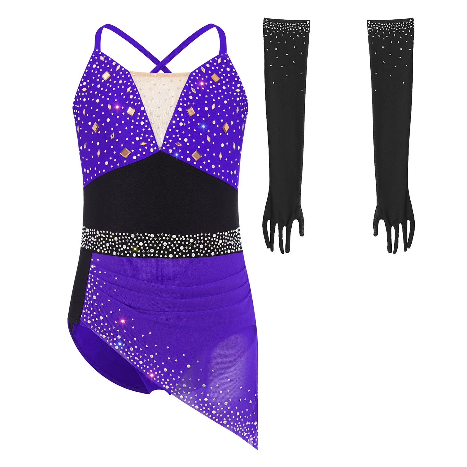 Childs Ballet Dance Performance Competition Costumes Kids Shiny Rhinestones Gymnastics Leotard Girls Mesh Figure Skating Tops