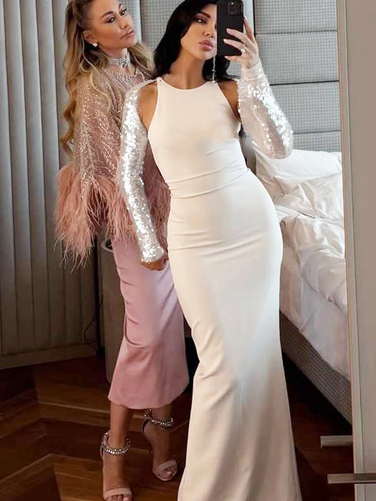 Kliou Lässiges, elegantes 2-teiliges Set für Damen, glänzende Pailletten, volle Ärmel, bauchfreie Mäntel + O-Ausschnitt, ärmellose, dünne Kleider, Street Fashion-Anzüge