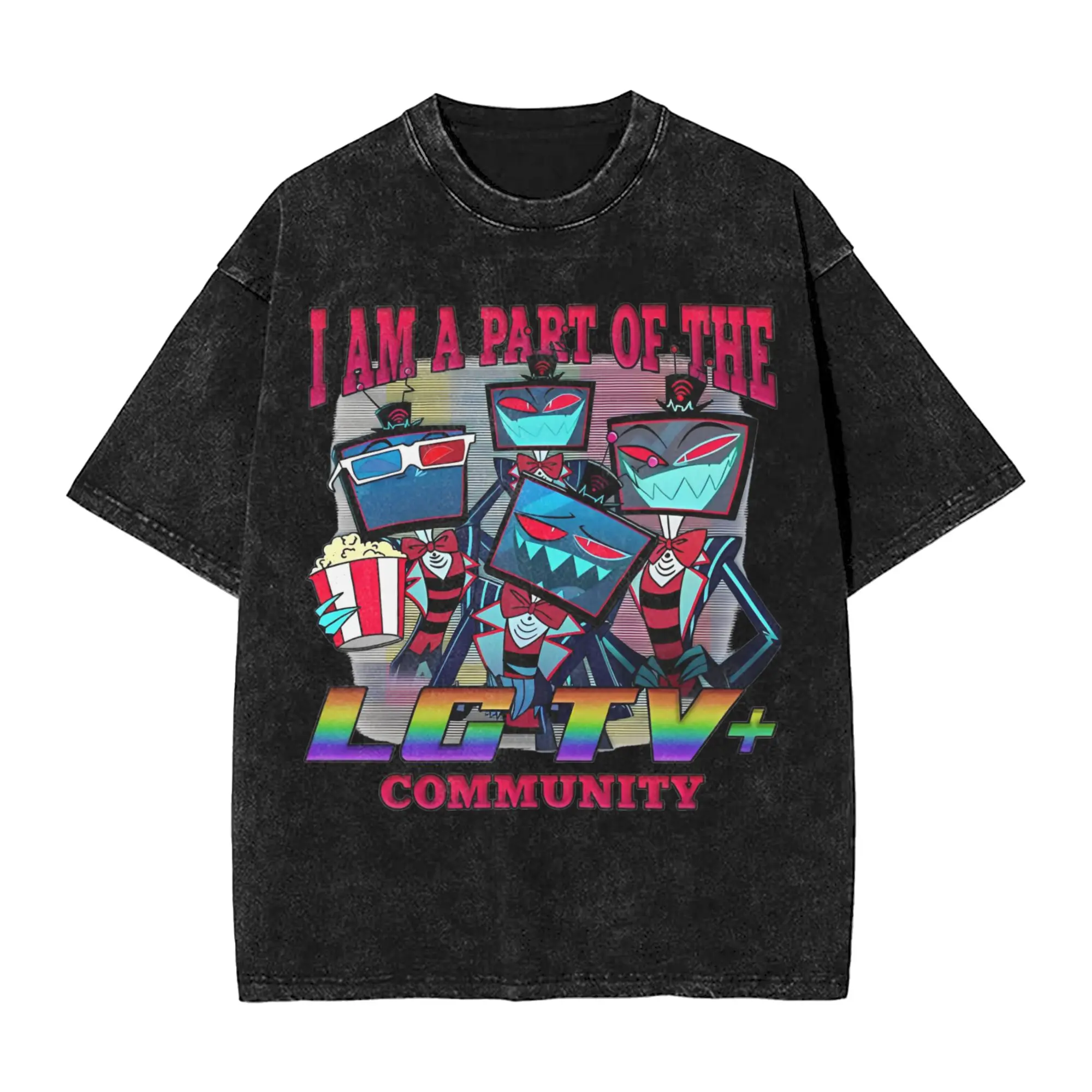 

hazbins hotels alastor vox 2 T Shirt Hip Hop Washed Short Sleeve Harajuku T-Shirt Vintage Men Women Streetwear Summer Tops Tees