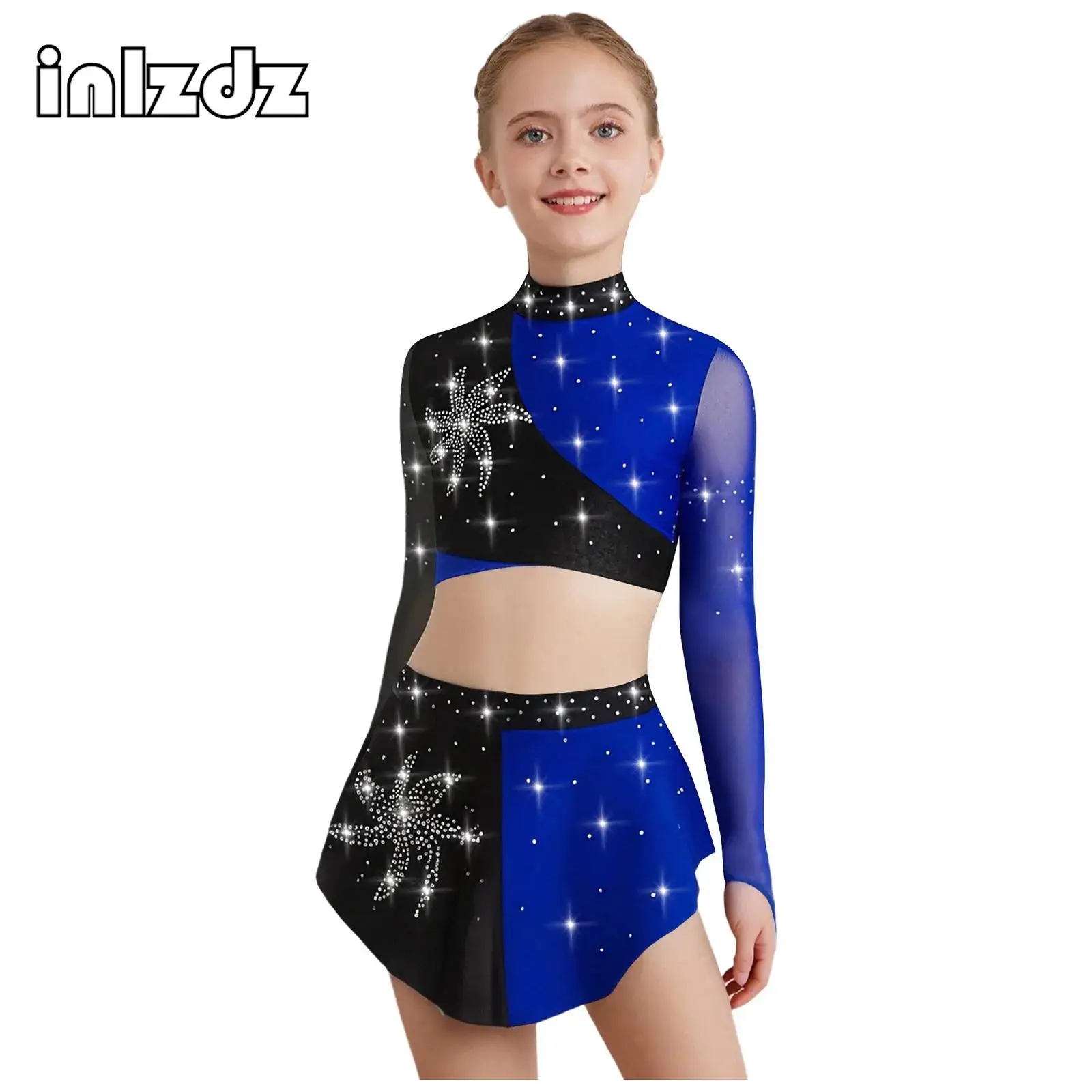 

Лирический современный танцевальный костюм для фигурного катания для девочек, сетчатый укороченный топ со стразами и юбкой, комплект для танцевального класса