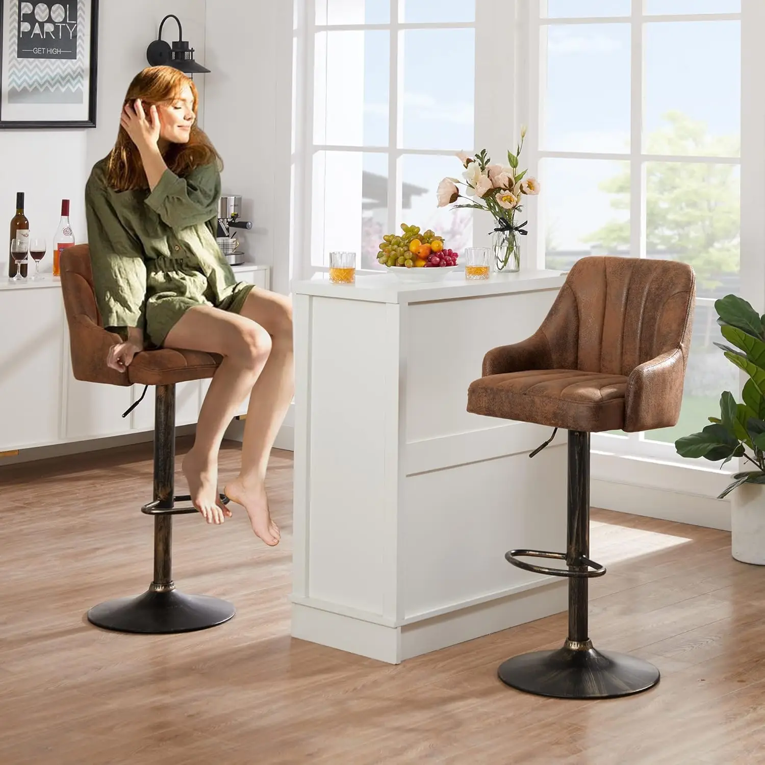 Bar Stools Set of 4, Adjustable Counter Height Stools with Back and Arm, Kitchen Island Stools, Swivel PU Chairs