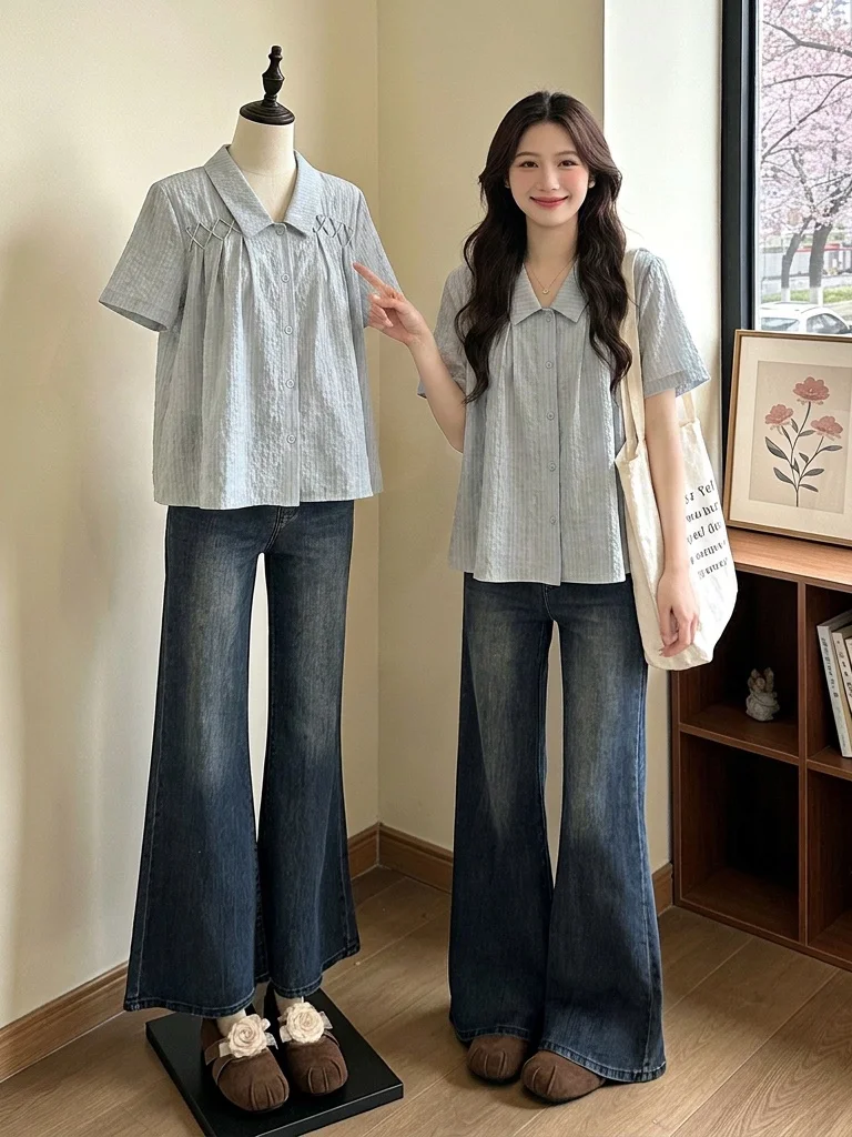 

Slimming Light Blue Short Sleeve Shirt Women's plus Size Summer New Style Commute Korean Loose Fit Shirt for Younger Look