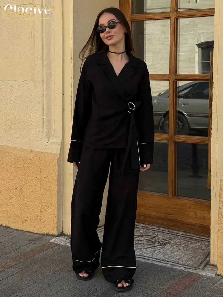 

Clacive Fashion Loose Black Women's Two Pieces Set 2026 Elegant Long Sleeve Shirt With High Waist Wide Pants Set Female Clothing