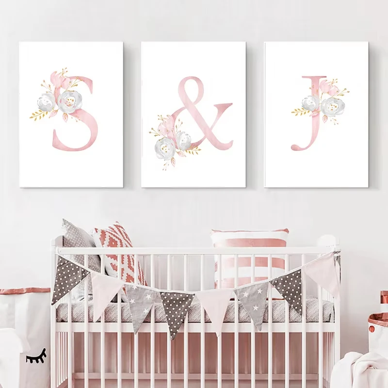 الألوان المائية الوردي فتاة أرنب سوان الحضانة جدارية النفط اللوحة غرفة نوم الأطفال اسم الملصق الأولي صورة ديكور المنزل