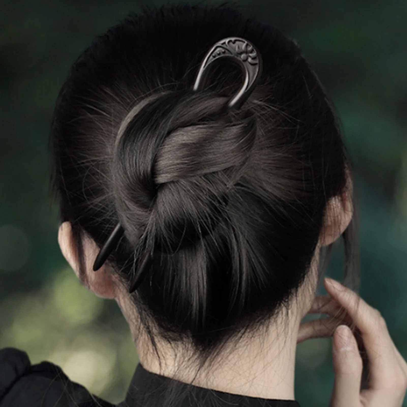 U Shape Chinese Hair Stick Chopsticks Black Wooden Flower Pattern Hairpin Vintage Hanfu Cheongsam Decor Hair Bun Jewelry