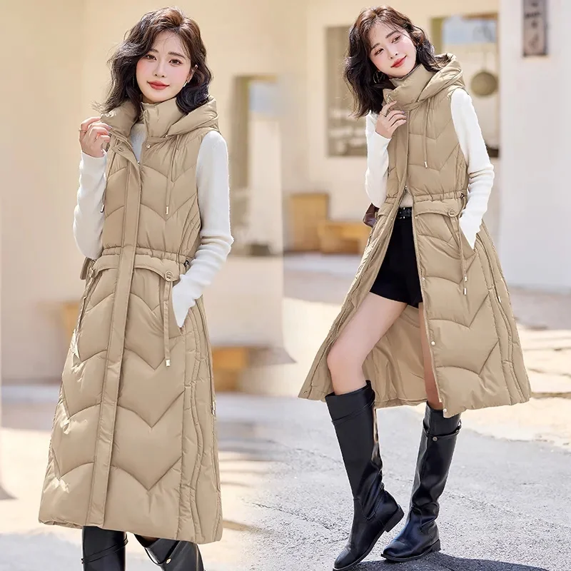 Autumn Winter Women Down Cotton Waistcoat Warm Puffer Sleeveless Jacket New Female hooded Mid-Length slim Vest Female Tops T586