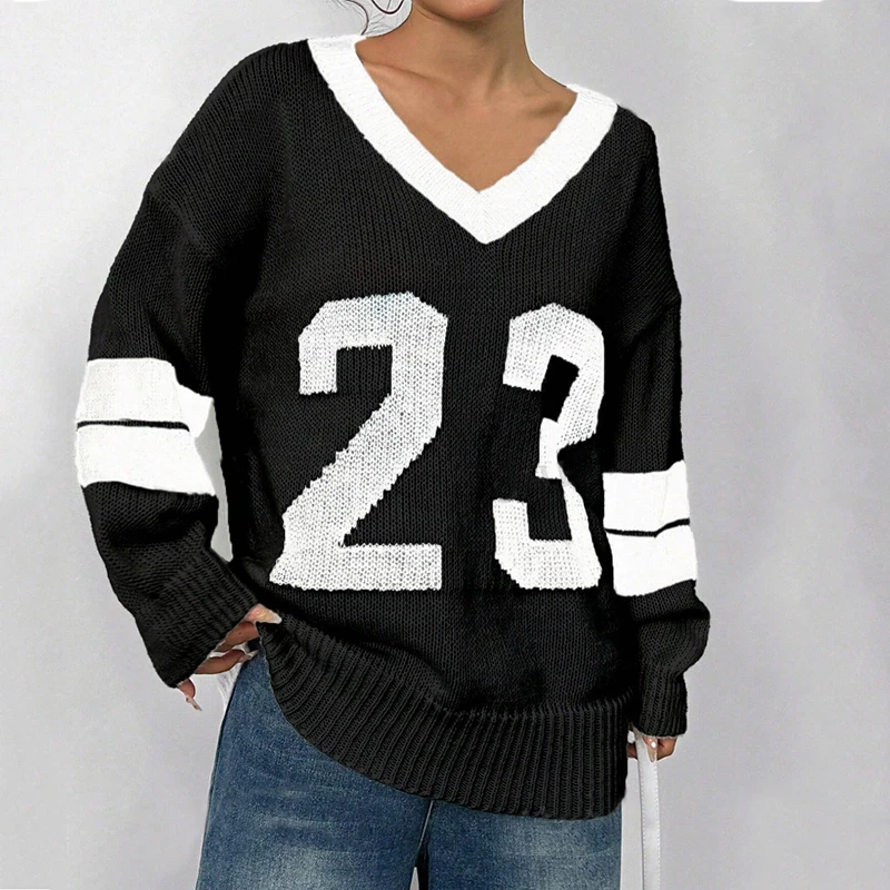 Gothic Y2k Vintage Knitted Women Korean Style Casual Pullover Loose Chic 23 Graphic V-neck Sweater Autumn Winter 2024 Streetwear