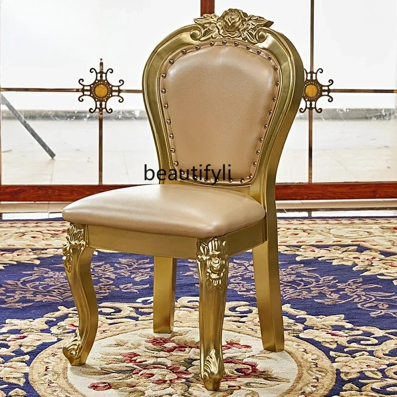 32 European champagne color book chair full solid wood carving flower first layer cowhide American dining chair