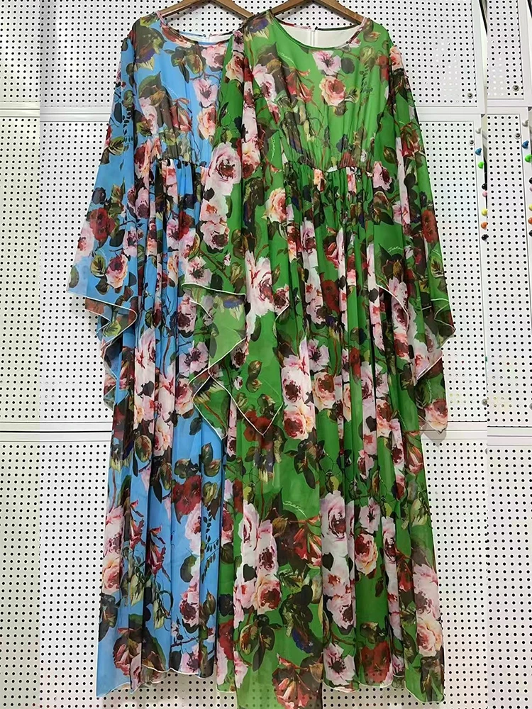 2025년 봄/여름 여성 신상 라운드넥 박쥐소매 시폰 프린트 루즈핏 드레스, 궁궐풍 허리 스윙 휴가 원피스