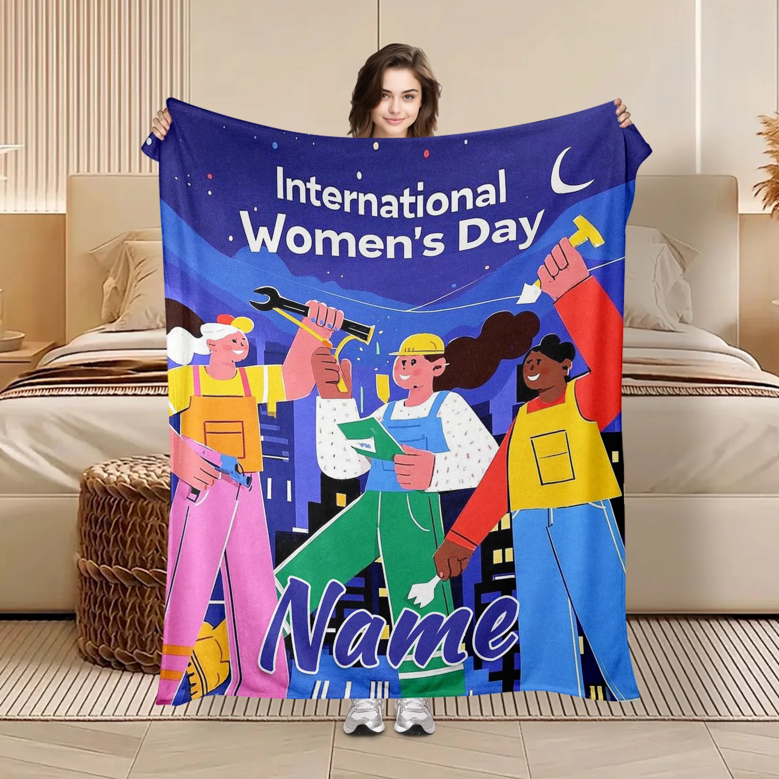 

Festive Women'S Day Soft Flannel Blanket Featuring Cute Cartoon Figures Tailorable With 1 Word For Women