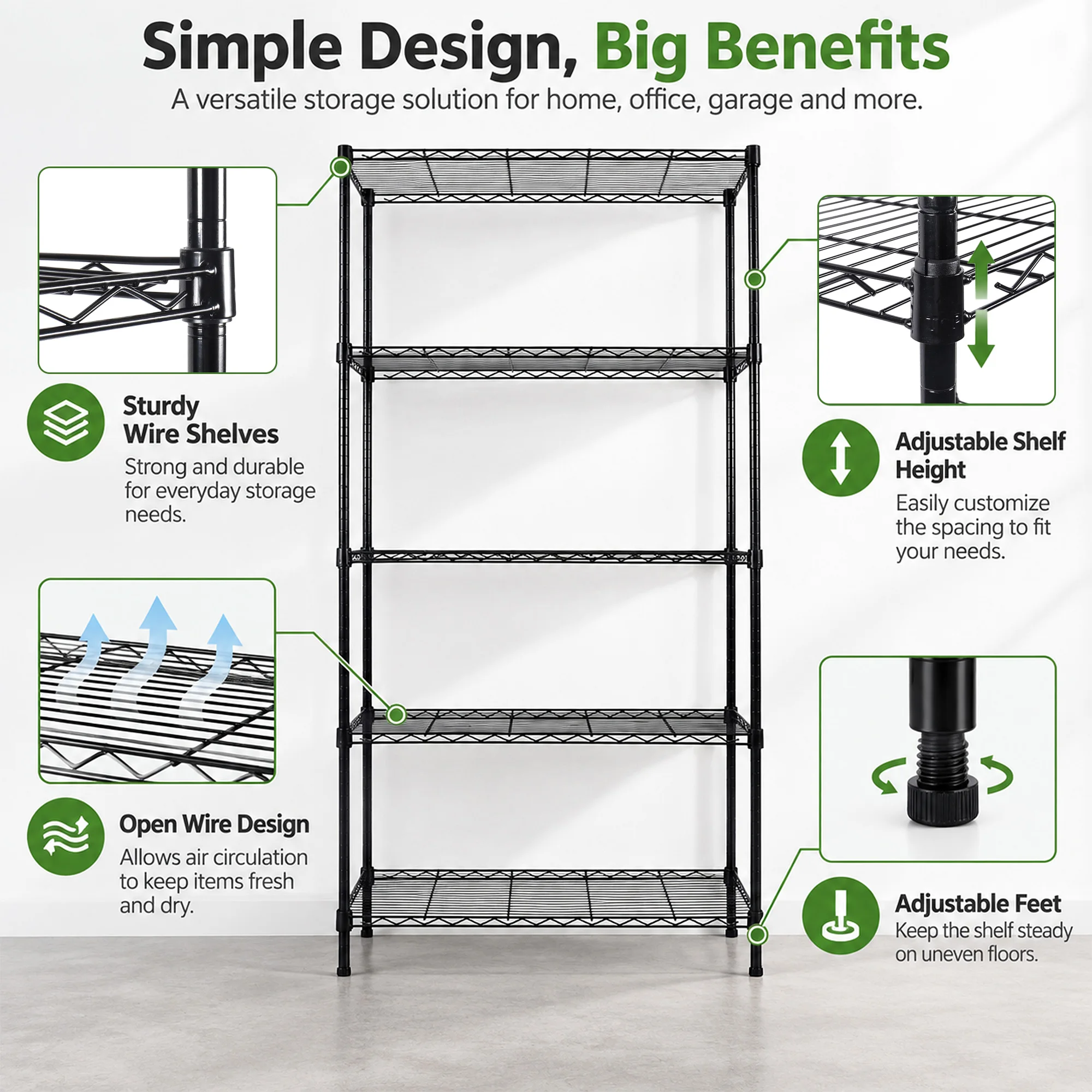 5 Tier Shelves Wire Shelving Storage Shelf Adjustable Unit Pantry 5 Tier Kitchen Laundry Room Organization Home Pantry