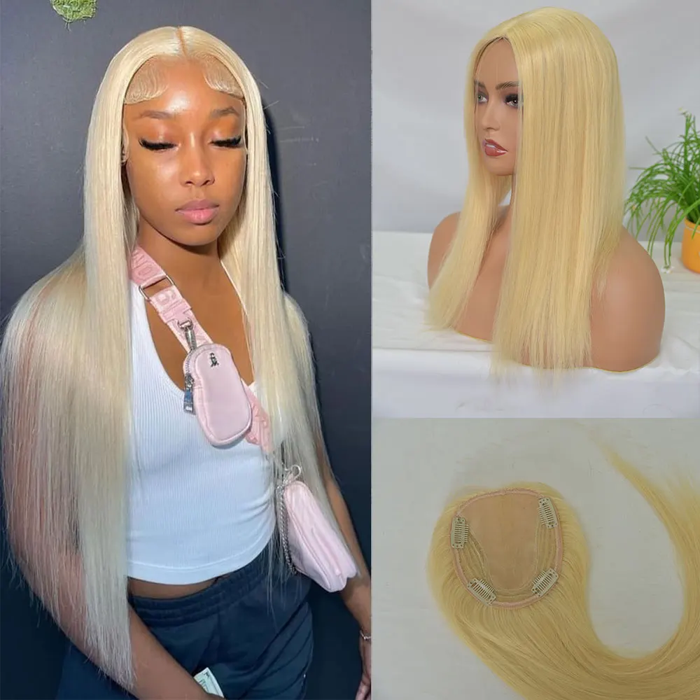 Blonde Straight Lace Closure Human Hair for Women Silk Base Top Closure Topper 4 Clip in Middle Part Closure  613 Color4.7x5.1''