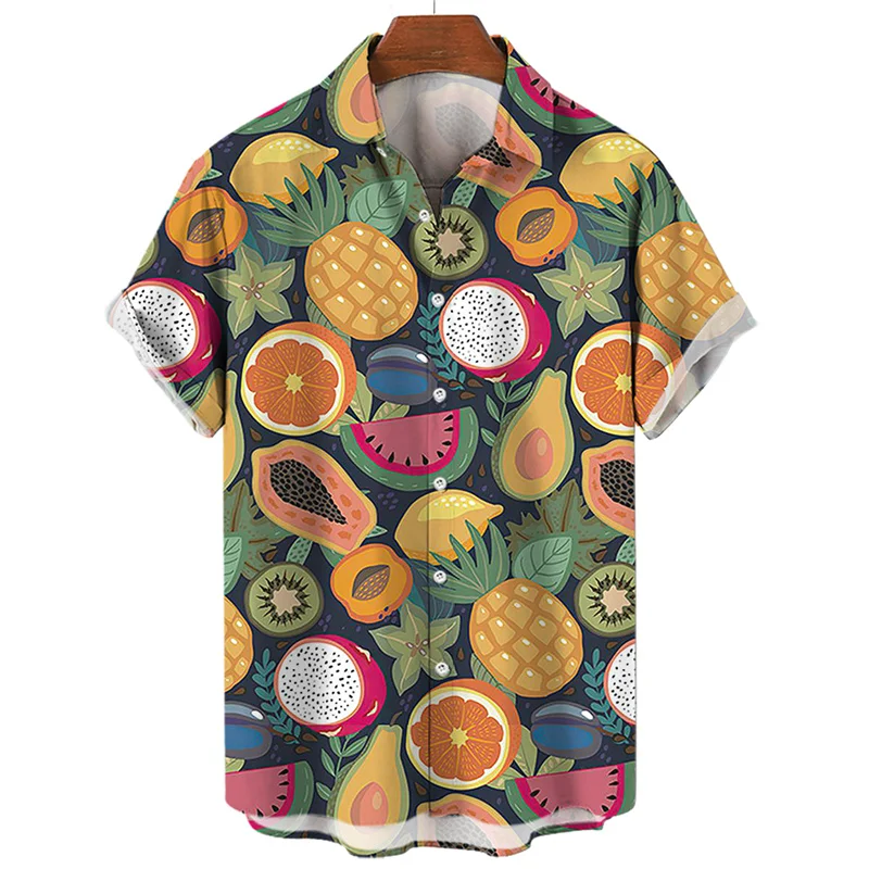 

Hawaiian Tropical Fruit Shirt For Men Button Lapel Short Sleeve Shirts Summer Male Clothing 3D Pineapple Banana Printed Blouse