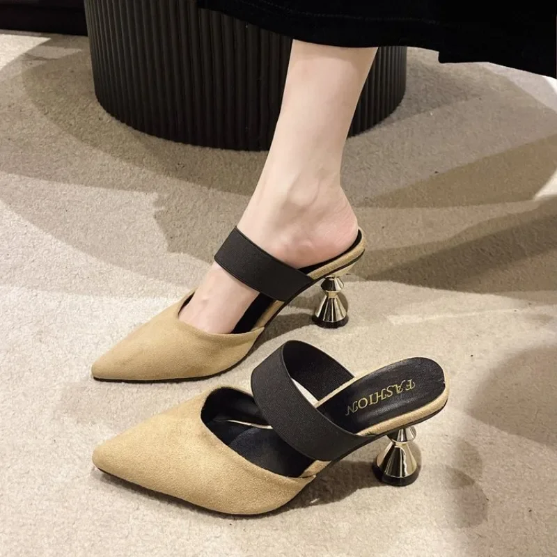 Size 35-46 Women Kitten Heels Mules Golden Rivet Pointed Toe Summer Sandals Fashion Beige Ladies Casual Med Heels Shoes