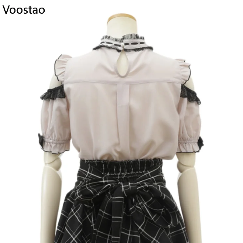 Gothic Lolita Blouses Women Sweet Bow Off Shoulder JK Shirt Japanese Girls Elegant Love Heart Lace Ruffles Blusas Mujer Tops