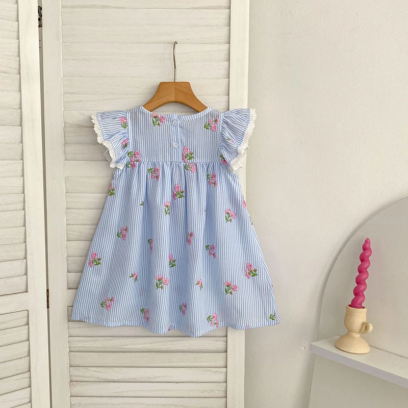 2026 New Summer 2-6Yrs Princess Round Neck Dress Striped Baby Girl Dress Flying Sleeve Cotton Embroidery Blue Sweet Dress