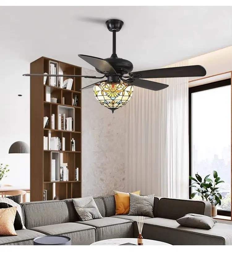 Ventilador de techo con aspas de madera clara 42 52 pulgadas estilo Tiffany Control remoto Led 3 colores 24W lámpara de ventiladores industriales con luces