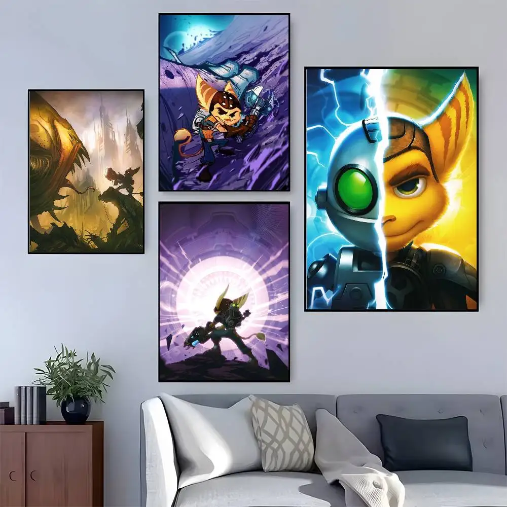 Ratchet N Clank Cartoon Fan Art Poster HD Home Decor Sticky Wall Waterproof Home Living Room Bar Aesthetic Decor