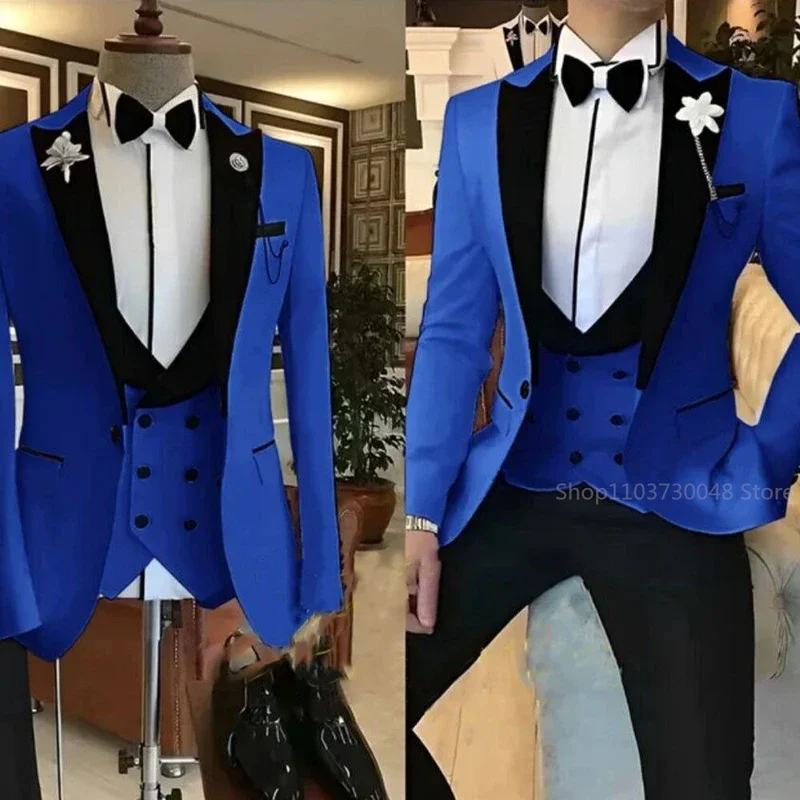 3 Pieces Solid Men\'s Suit One Button Peak Lapel Jacket Vest Trousers Dinner Wedding Groom Tuxedos Slim Fit Formal Business Suits