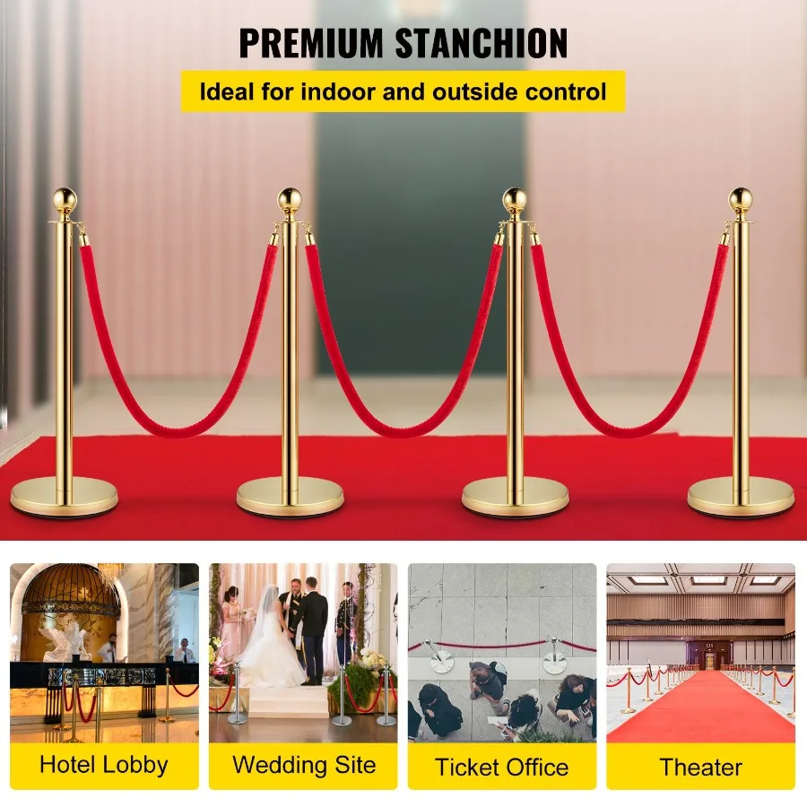 

4PCS Gold Stanchion Posts Queue with 38 Inch Red Velvet Rope Crowd Control Barriers for Party Supplies Elegant Event Line Manag