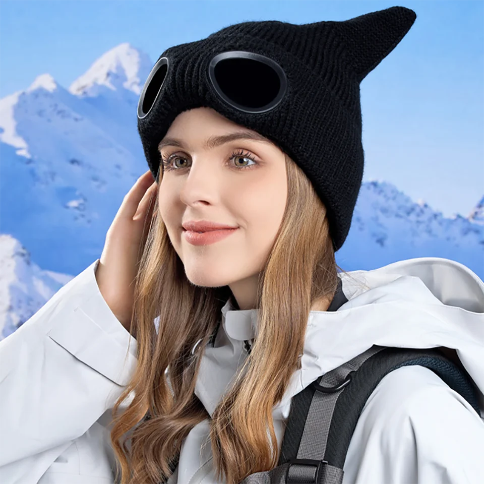 KoKossi Winter Windproof Goggles Glasses Hat Plush Knitted Warmer Ski Beanies Ear Protection Hood Women Outdoor Skiing Yarn Hat