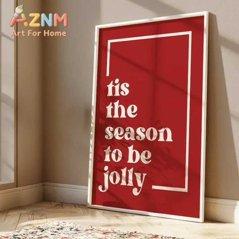 AZNM Tis The Season To Be Jolly Christmas Canvas Wall Art Red Background Minimalist Quote Winter Holiday Home Decor Unframed Can