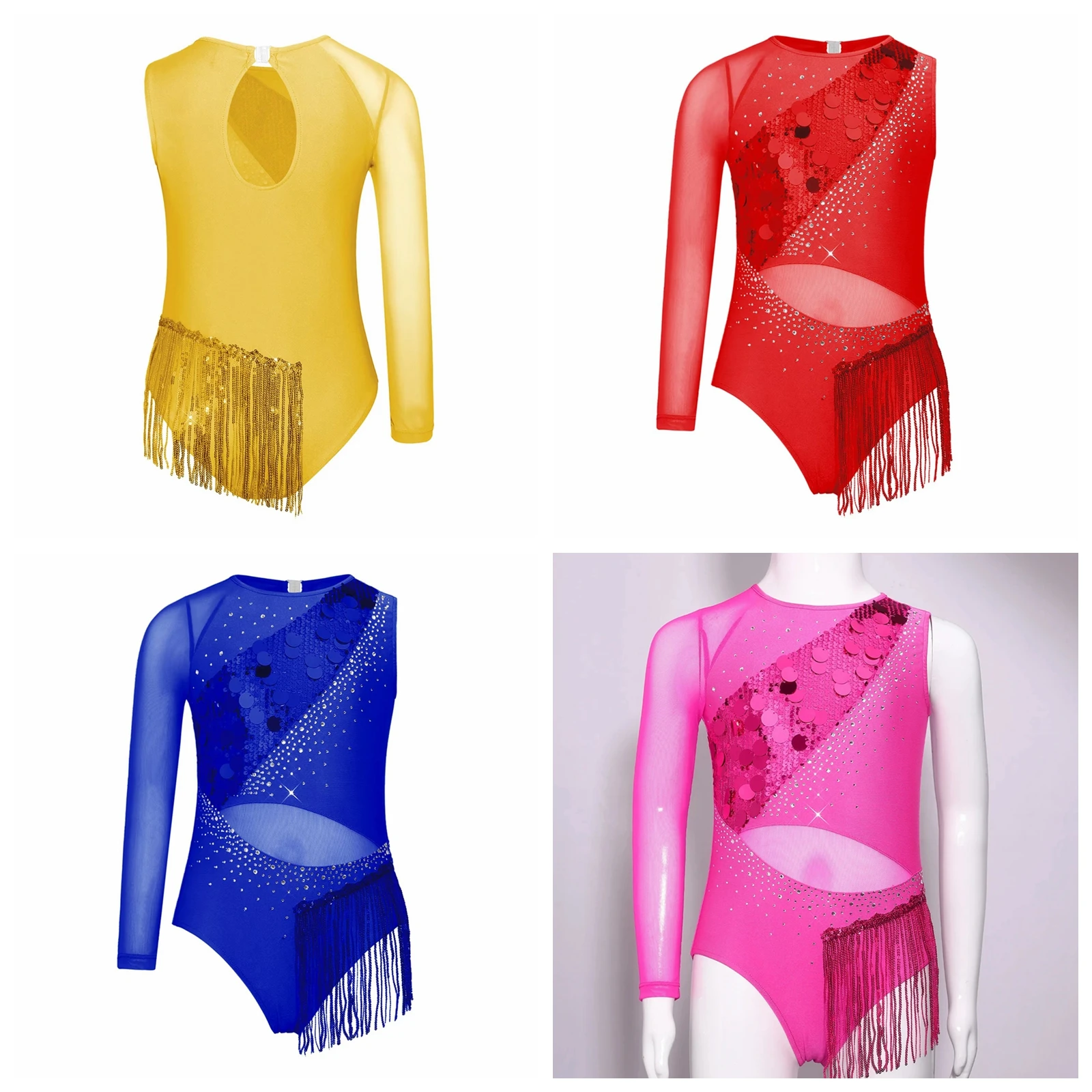 Maillot de Ballet para Niñas con Flecos, Lentejuelas y Pedrería, Traje de Danza Latina para Actuaciones