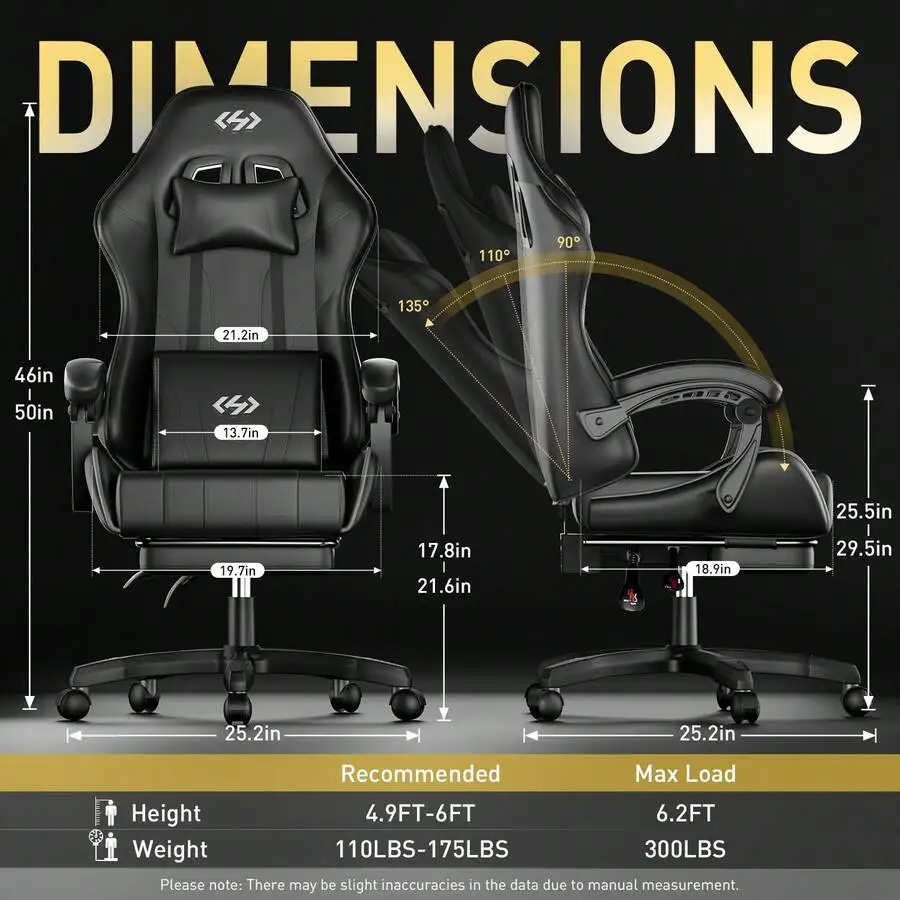 Gaming Chair, Ergonomic Computer Office Chair With Lumbar Support Footrest Headrest, Adjustable Height & Backrest Angle Video Gamer Chair, PU Leather, 360° Swivel, Adult,Black view 7