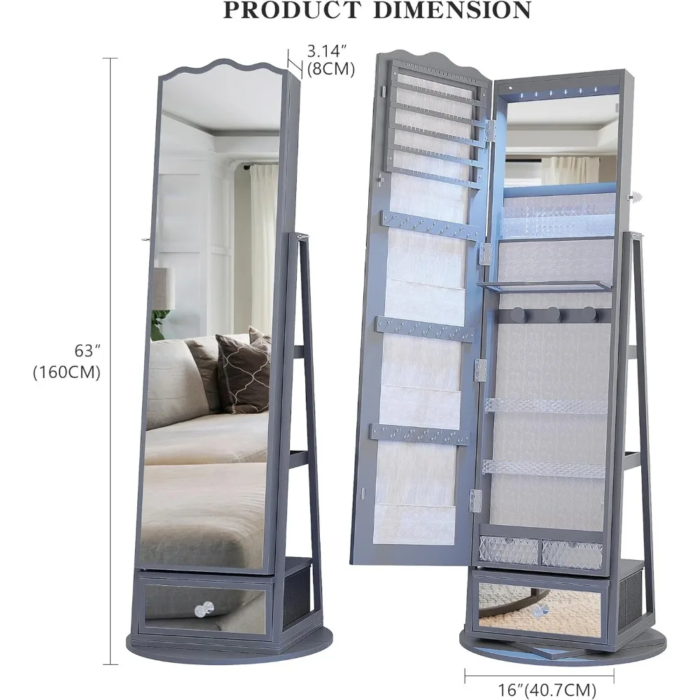"60° Rotating LED Jewelry Armoire with Full-Length Mirror - Lockable Floor Cabinet with Storage Shelves",Customized,Customized