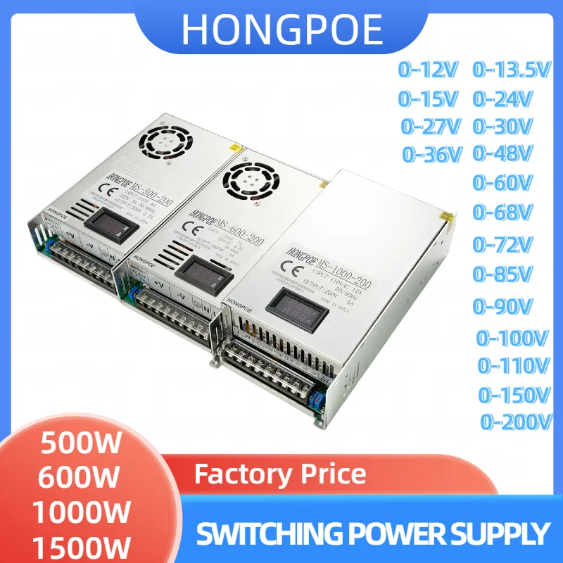 Digital Display 500W 600W 1000W 1500W Adjustable Power Supply 0-12V 15V 24V 27V 30V 36V 48V 60V 72V 85V 90V 100V 110V 150V 200V