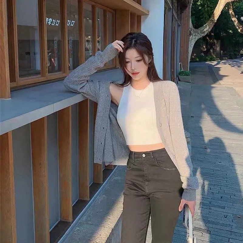 

Cardigan Women V-neck Solid Tender Sweaters Soft All-match Preppy Autumn Long Sleeve Lazy Knitted Stylish Basic Y2k Street Ins