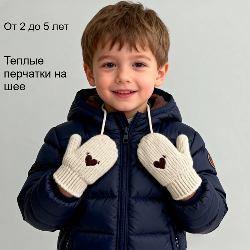 

Baby Yarn Infant Wool Winter Windproof Cold Proof Warm Kids Gloves 2-5 Years Embroidered Heart Neck Lanyard Knit Cream Color