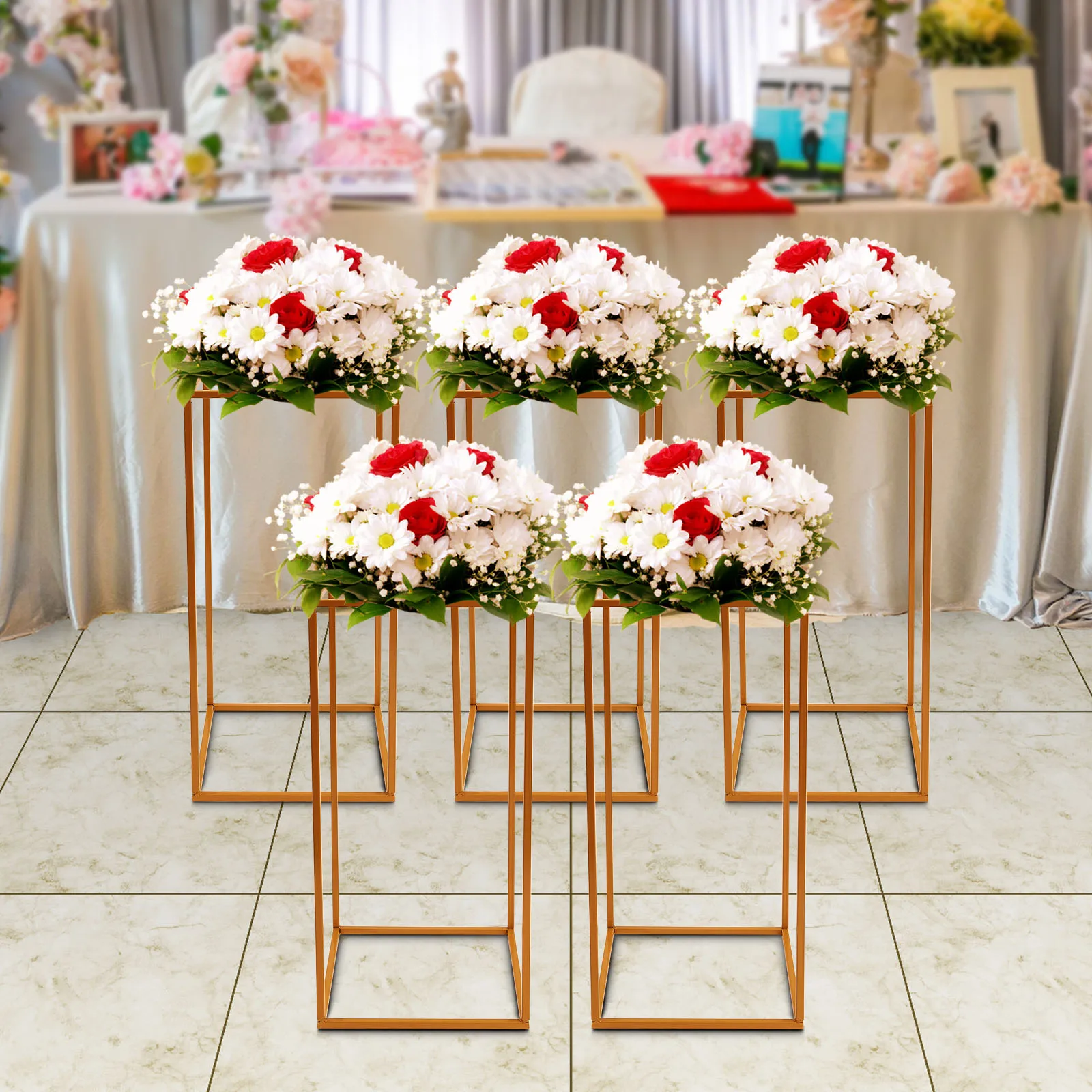 5Pcs Metal Wedding Flower Stand, Rectangular Flower Holder, Table Centerpiece, Dinner Party Centerpieces Table Decor Gold