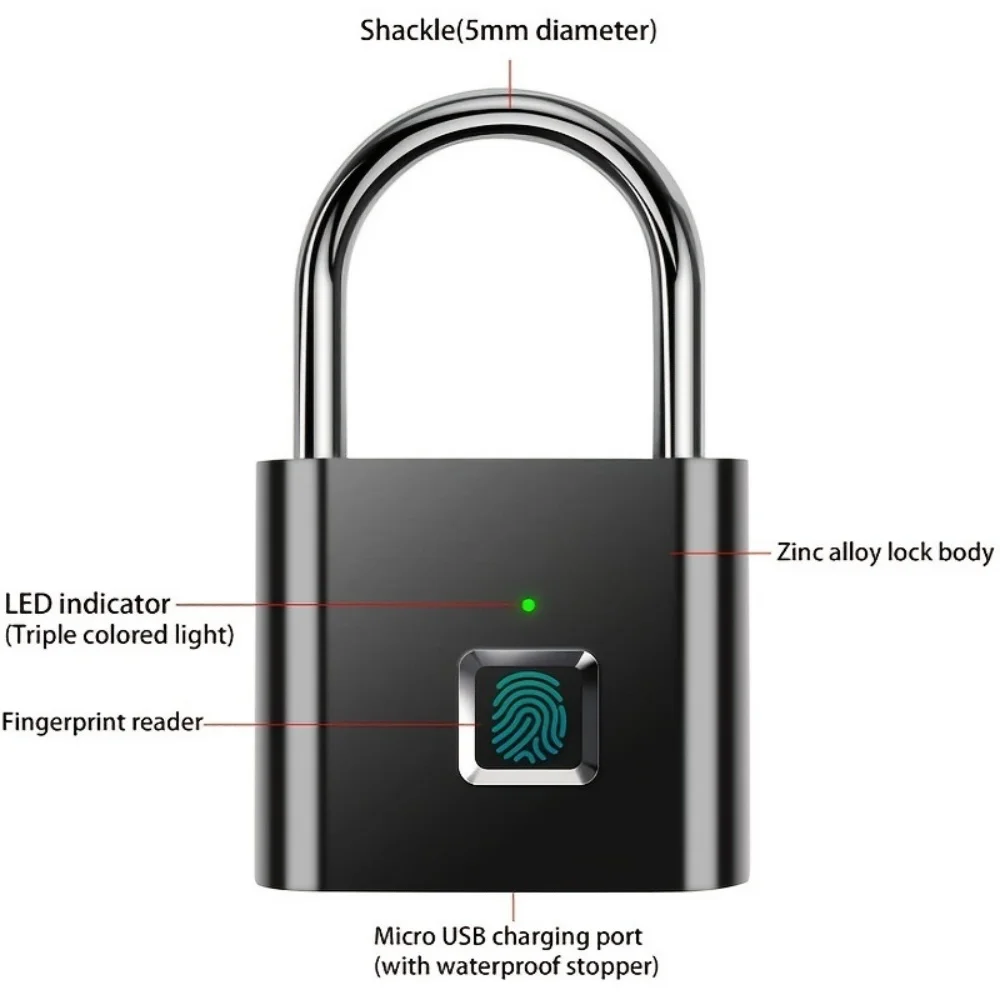 Keyless Smart USB Charging Fingerprint Lock Smart Padlock Waterproof Door Lock 0.3sec Unlock Portable Anti-theft Padlock Zinc