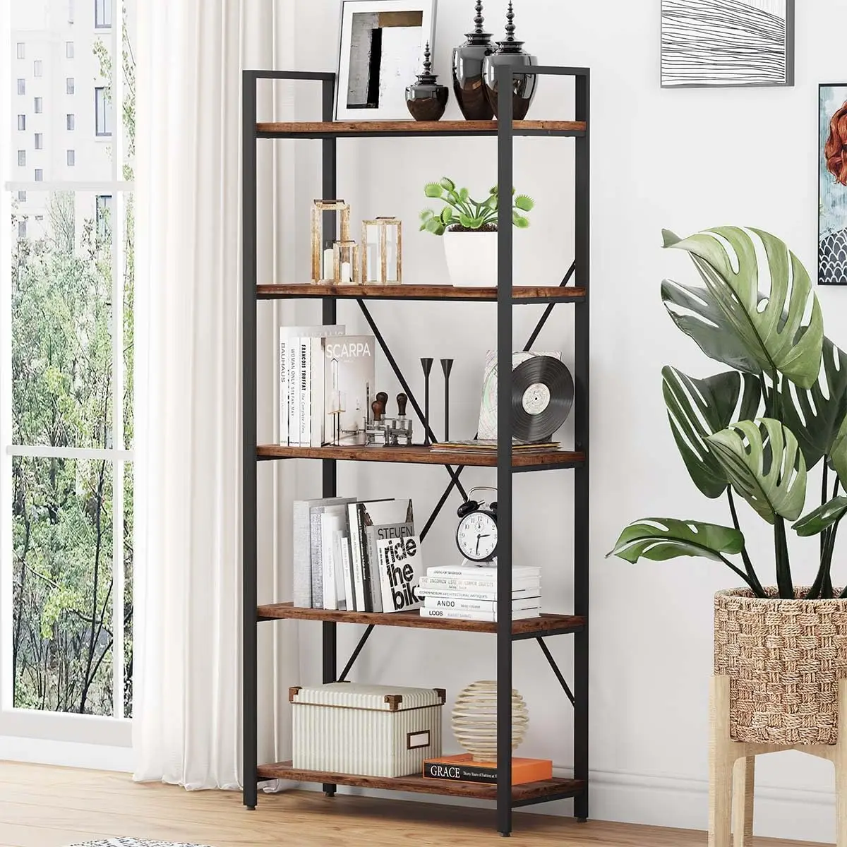 

Industrial Bookshelf, Etagere Bookcases and Book Shelves 5 Tier, Rustic Wood and Metal Shelving Unit (Rustic Oak)