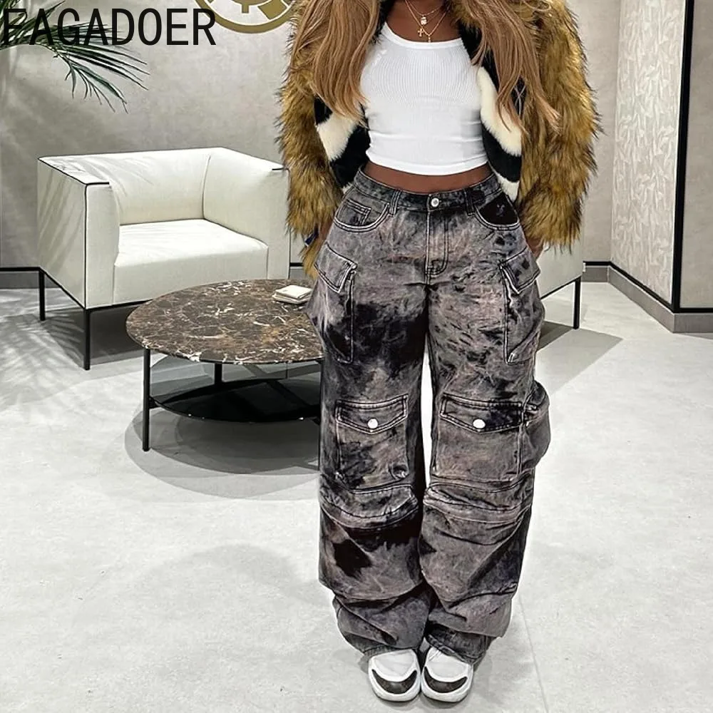 FAGADOER Y2K Cargo Jeans for Women Straight Wide Leg Denim Baggy Pants Tie Dye Black Streetwear  Pockets Jean Pants Trousers