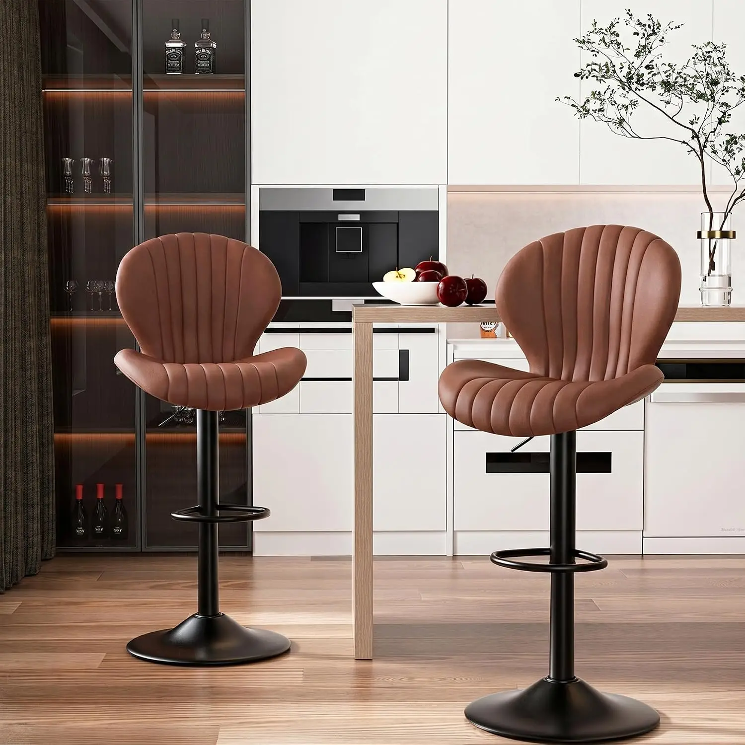 Modern Bar Stools Set of 2, Adjustable Fabric Upholstered Swivel Bar Chairs, Counter Height Barstools with High Backrest, for Ba
