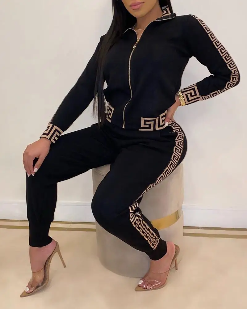 Tracksuits Women Elegant Two-Pieces Suit Sets Female Stylish Plus Size Greek Fret Print Coat & Pant Zip Sets Joggers Women