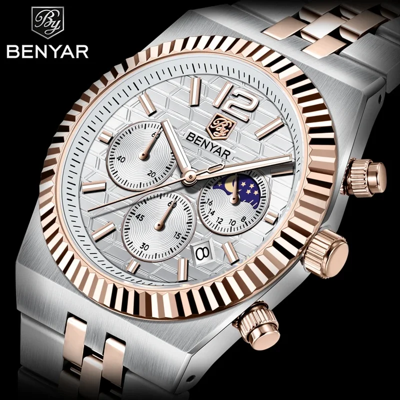 2026 New Benyar 40mm Men's Watch Luxury Brand Quartz Watch Stainless Steel 30m Waterproof Luminous Men's Chronograph