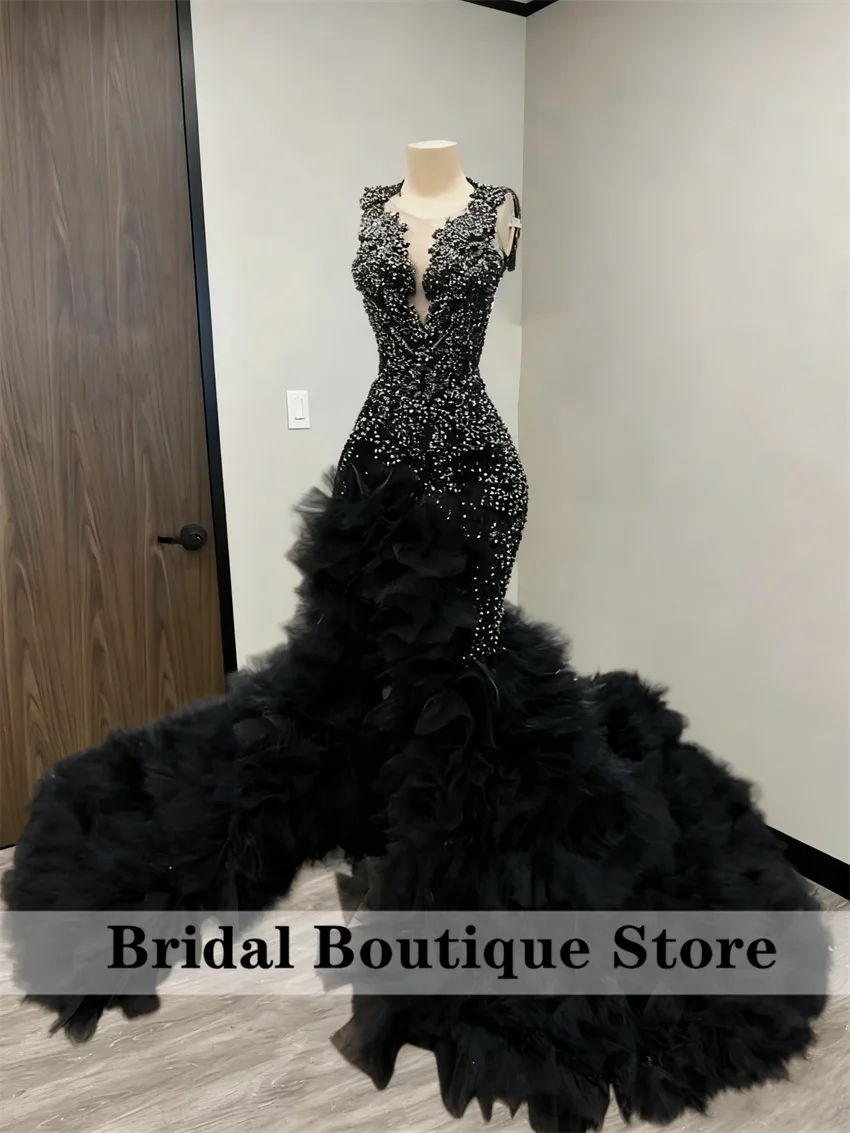 

New Arrival 2026 Black Diamonds Prom Dresses Sparkly Beads Sequin Gowns For Black Girls Ruffles Gala Wedding Gowns Customized
