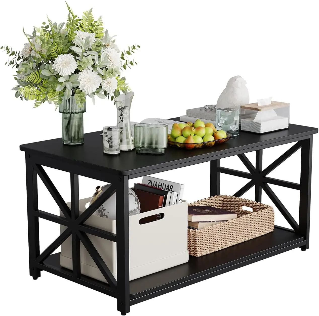 2-Tier Coffee Tables For Living Room, Center Table With Storage Shelf, Farmhouse Style Tea Table With X-Shaped Sturdy Frame,