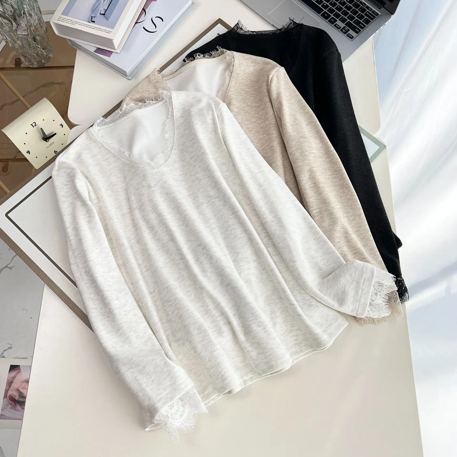 XXXXL موضة حجم كبير ملابس النساء تي شيرت 2025 الخريف/الشتاء جديد أنيق الدانتيل الخامس الرقبة نحى كم طويل قاعدة القمم 111 #6