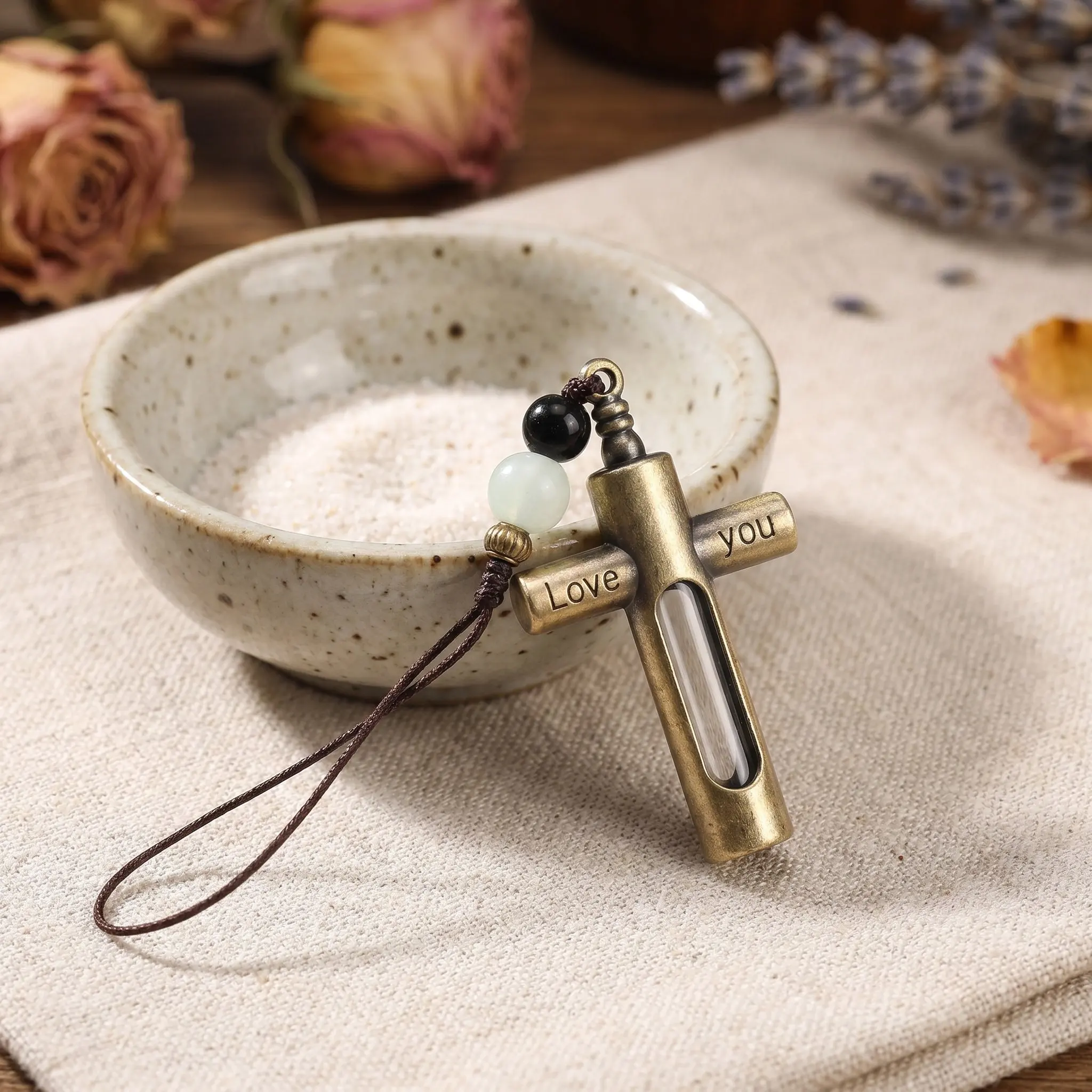 2Pcs Hourglass Memorial Pendant Cross Cremation Jewelry Glass Urn Ashes Holder Pendant Vintage Keepsake Keychain Charm