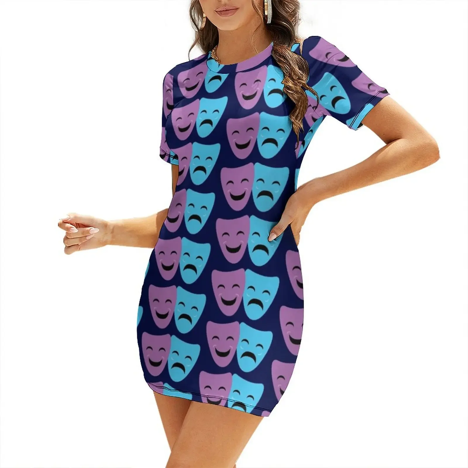 

Blue and Purple Comedy and Tragedy Drama Masks Short-Sleeved Dress Summer dresses for women Woman clothing