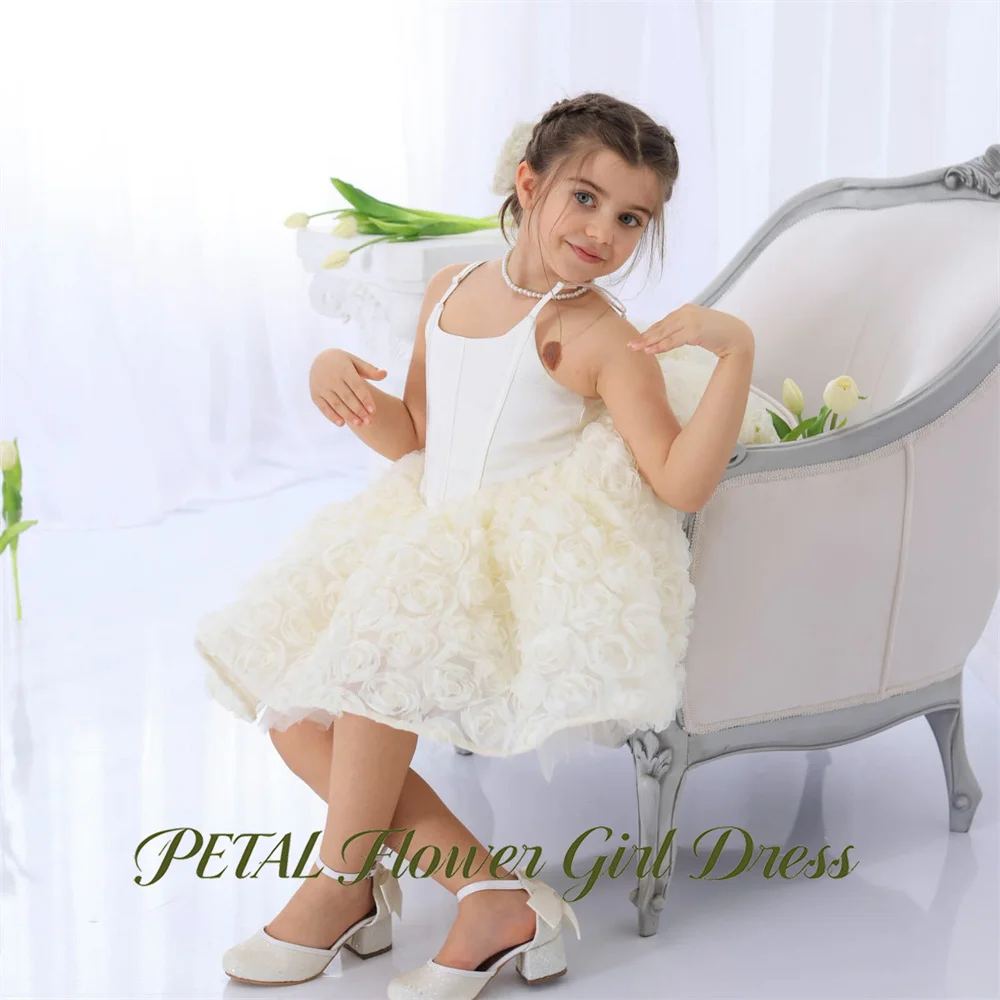 Petal Ivory First Communion Gown Square Neck Girls Princess Dress Spaghetti Straps Evening Party Dress for Girls Customized