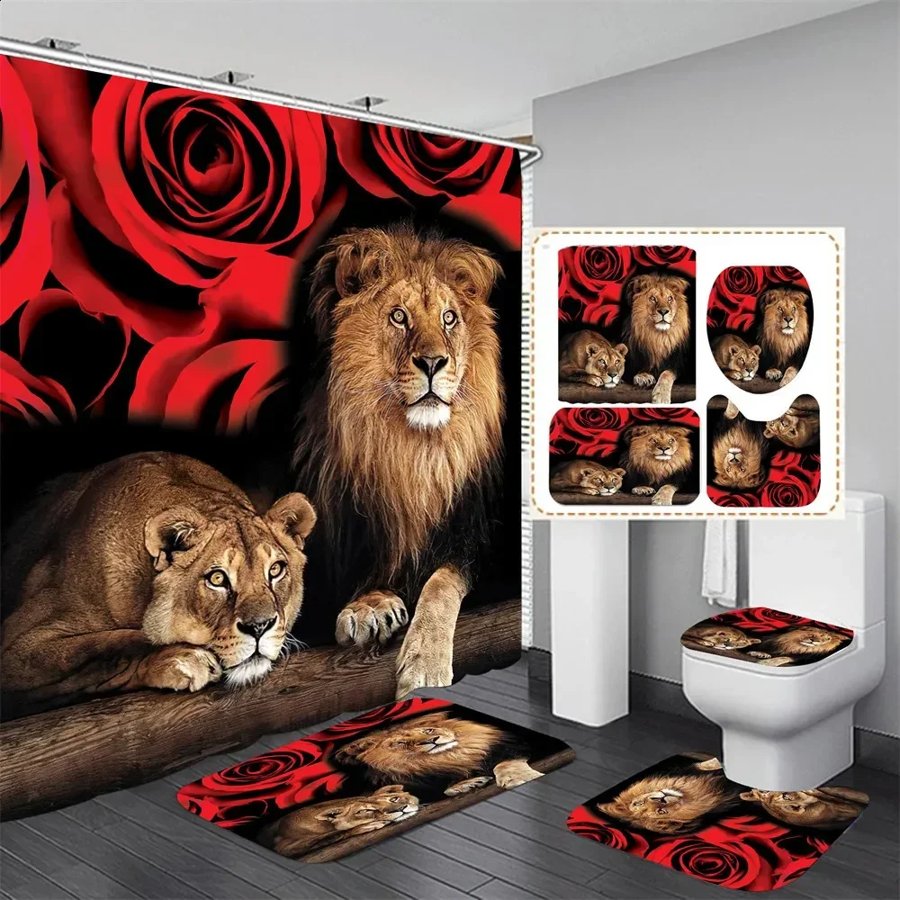 4 Pcs Lion Shower Curtain Set Waterproof Fabric Bath Curtain Red Rose Animal Non-Slip Bath Mat Toilet Lid Cover Bathroom Decor